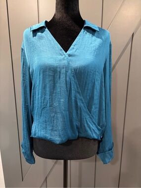 Pleione Teal Wrap-Style V-Neck Blouse